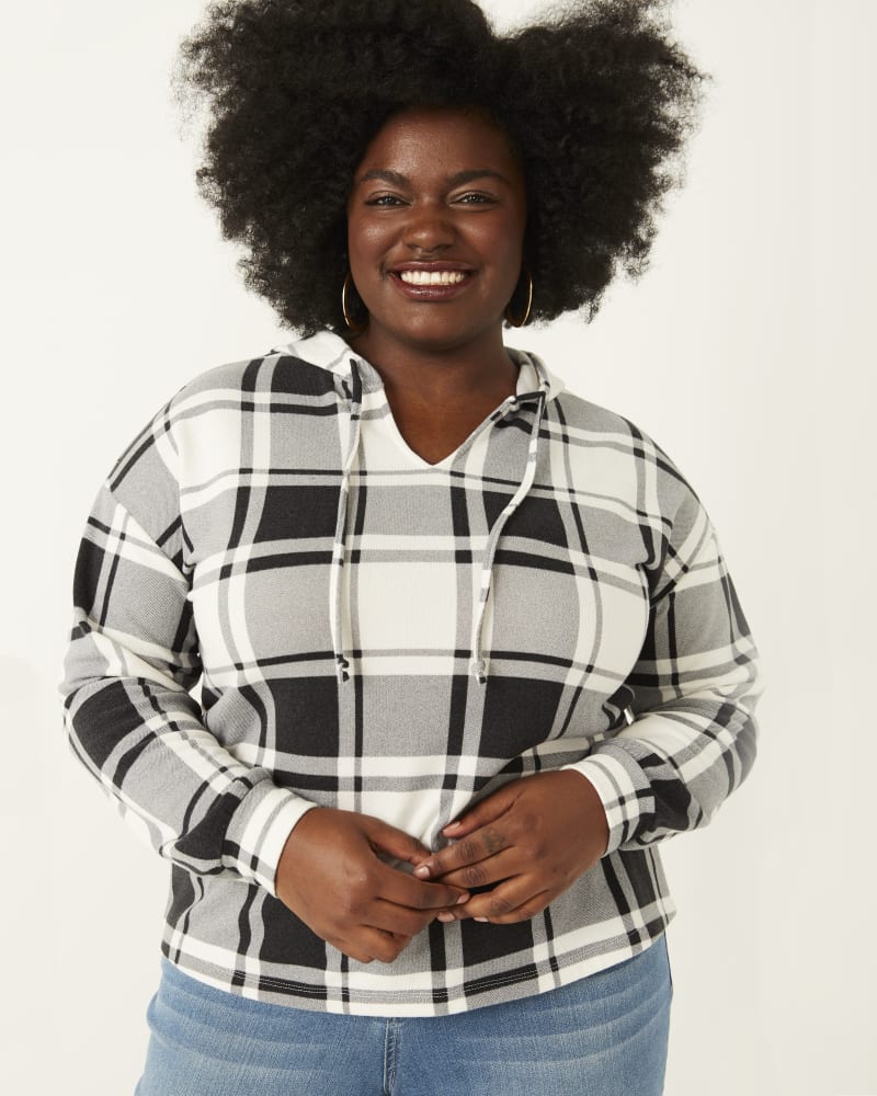Front of plus size Sabrina Plaid Drawstring Hoodie by Meri Skye | Dia&Co | dia_product_style_image_id:177735